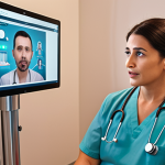 **A compassionate AI assisting a therapist during a session with a patient. The AI is subtly analyzing the patient's facial expressions and vocal tone, providing real-time feedback to the therapist displayed on a screen. Soft, empathetic lighting, modern clinic setting.**