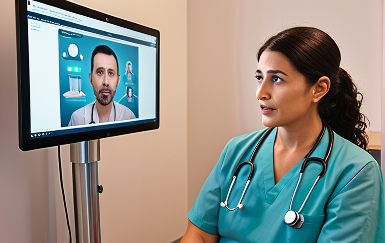 **A compassionate AI assisting a therapist during a session with a patient. The AI is subtly analyzing the patient's facial expressions and vocal tone, providing real-time feedback to the therapist displayed on a screen. Soft, empathetic lighting, modern clinic setting.**